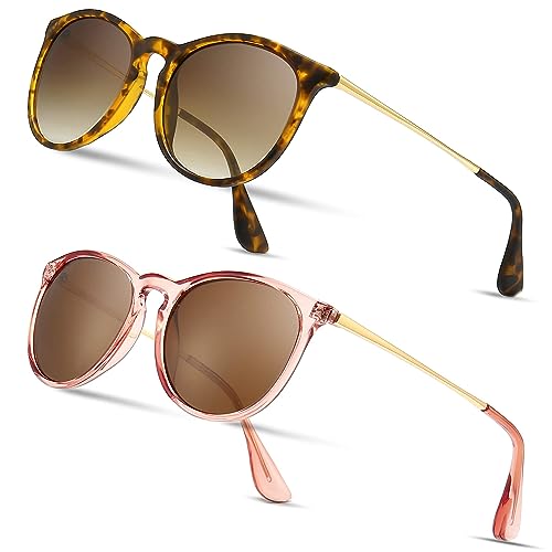 SUNGAIT Premium Vintage Round Sunglasses for Women Men Classic Retro Trendy Style - color: 2 Pack (Polarized): Matte Amber/Brown Gradient+glossy Pink Brown/Light-brown