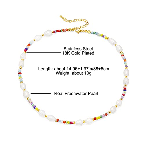 Wellike Freshwater Pearl Beaded Necklace for Women Handmade Boho Colorful Glass Beads Choker Necklace Stainless Steel 18K Gold Plated Bohemian Women Summer Jewelry Gifts - color: KKWX1070