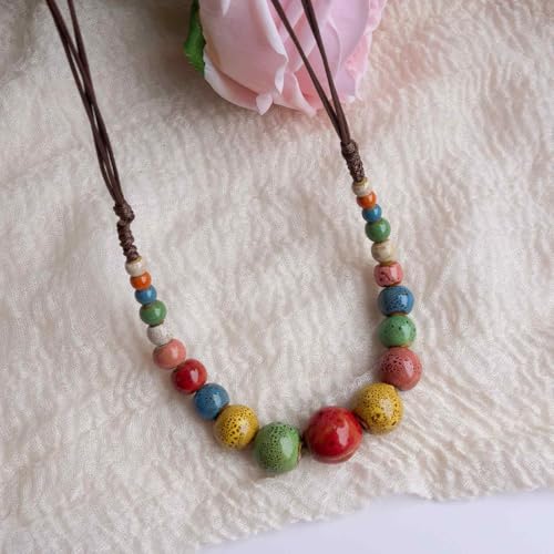 Boho Round Colorful Ceramic Beaded Necklace, Adjustable Hippie Statement Necklace, Handmade Ethnic Jewelry Gift for Women - color: Colorful