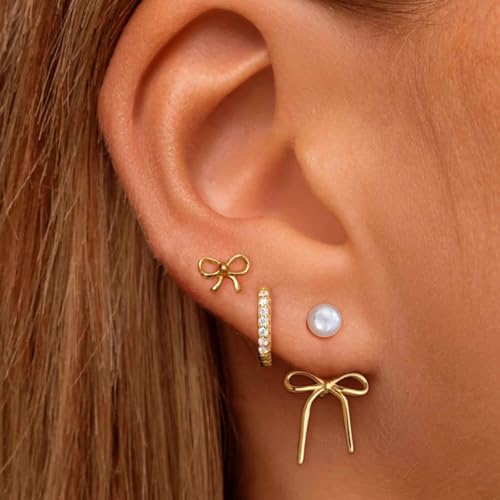 6 Pairs 14K Gold Plated Stud Earrings for Women, Hypoallergenic Cartilage Earrings for Multiple Piercing, Dainty Small Stackable Earrings Set for Jewelry Gift - color: Gold-Bow+pearl