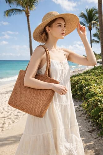 BAGOK Woven Tote Bag for Women, Handwoven Vegan Leather Shoulder Bag with Clutch, Large Tote for Work, Travel & Beach - color: Brown