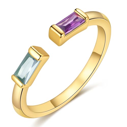 TOBENY Gold Birthstone Rings for Women 14K Gold Plated Adjustable Rings Non Tarnish Gold Stackable Rings Dainty Emerald Green Cubic Zirconia Ring for Mother Daughter Birthday Jewelry Gifts - color: Feb+Mar