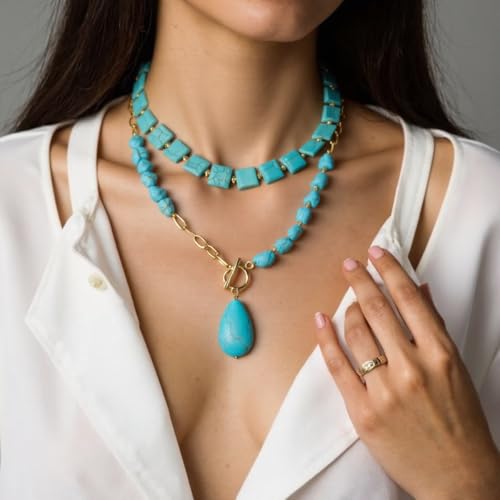 INENIMARTJ Gold Turquoise Necklace for Women Boho Turquoise Pendant Necklace Gold Chain Turquoises Necklaces Trendy Western Turquoises Jewelry for Womens - style: style F