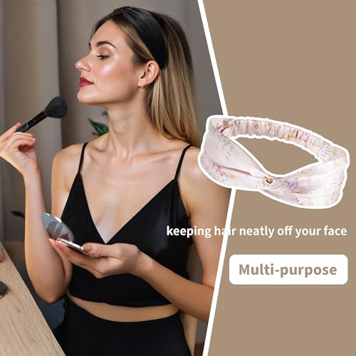 ZLYC Mulberry Silk Headband Elastic Twist Knotted Head Bands for Women's Hair, Floral Light Pink - color: Floral Light Pink