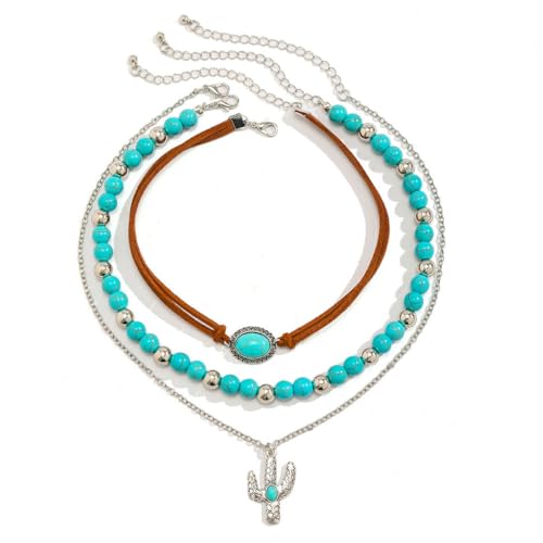 Layered Western Necklace Turquoise Beaded Choker Necklaces Cactus Pendant Necklaces Jewelry Accessories for Women