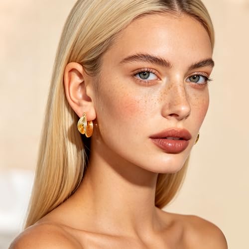 Gold Tone Textured Hoop Earrings 18K Gold Plated Medium Twisted Statement Hoops for Women Minimalist Jewelry