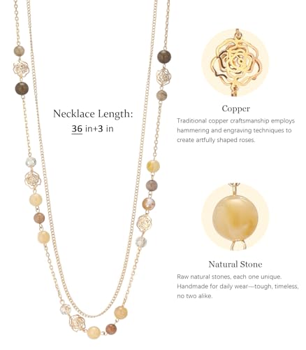 FULU AUTUMN Boho Gold Long Necklaces for Women Natural Stone Beaded Layered Long Necklace Mothers Day Gifts Dainty Flower Costume Jewelry for Women - color: Camel