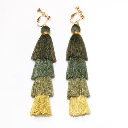 Clip on Earrings, Lightweight Colorful Layered Tassel Bohemian Statement Tiered Big Dangle Drop Earrings for Women, Non Pierced, Boho Jewelry - color: Dark Green