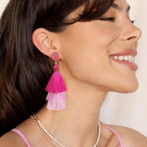 Me&Hz Colorful Layered Tassel Earrings Bohemian Statement Tiered Tassel Big Dangle Drop Earrings for Women Druzy Studs Valentine’s Day Gift - color: Pink ombre