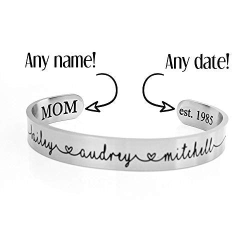 Personalized Name Bracelet for Women – Custom Engraved Stainless Steel Bracelet for Mom, Grandma, Sister or Friend – Double-Sided Engraving – Silver, Gold, or Rose Gold Keepsake Gift