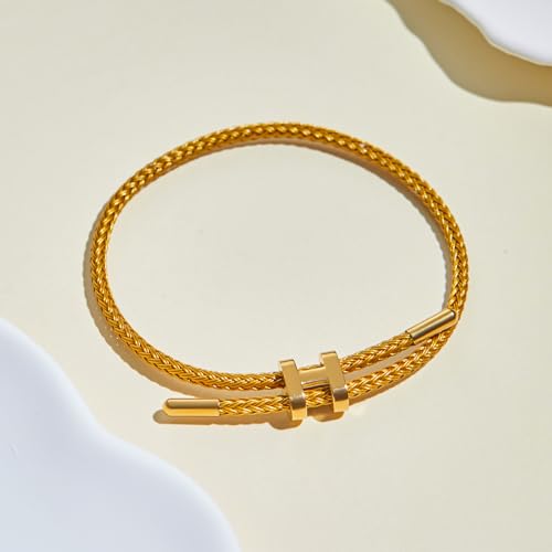 AIMADE Bracelets for Women Adjustable Charm Bracelet, 18k Gold-plated Buckle Design Titanium Steel Wire Rope Women's Gift Jewelry - color: Gold