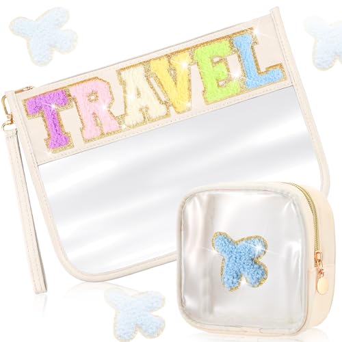Hillban 2 Pcs Clear Travel Bags Chenille Letter Makeup Cosmetic Toiletry Bags Weekend Gifts Preppy Patch Zipper Pouch for Travel Waterproof Flat Portable Storage Purse for Women - style: Travel Theme