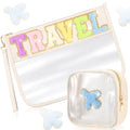 Hillban 2 Pcs Clear Travel Bags Chenille Letter Makeup Cosmetic Toiletry Bags Weekend Gifts Preppy Patch Zipper Pouch for Travel Waterproof Flat Portable Storage Purse for Women - style: Travel Theme