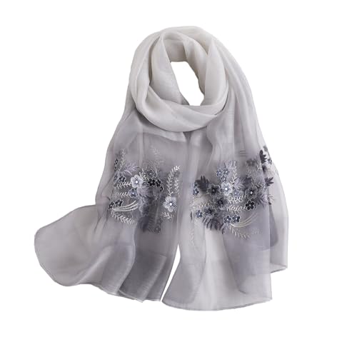 WINCESS YU Women Mulberry Silk Scarf Long & Large Embroidered Floral Pattern Shawl and Wraps Neckerchief for Hair & Neck - color: Gradient Light Grey