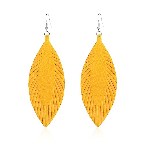Large Genuine Soft leaf Leather Handmade Fringe Tassel Feather Lightweight Tear Drop Dangle Color Earrings for Women - color: Yellow