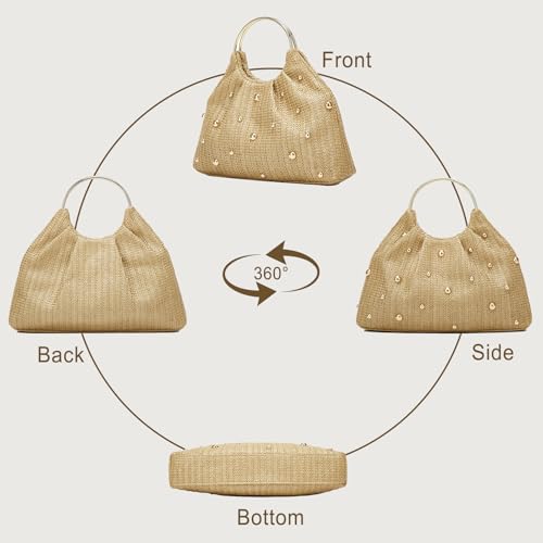 Straw Woven Beach Bag 2026 Summer Beaded Top Handle Handbag Raffia Evening Purse Wedding Clutch Vacation Tote Wristlet Bag - color: Khaki