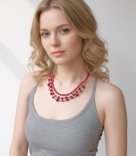 Noessla Beaded Statement Necklaces for Women Layered Chunky Bead Necklace Fashion Costume Jewelry Gifts for Mom - color: Red