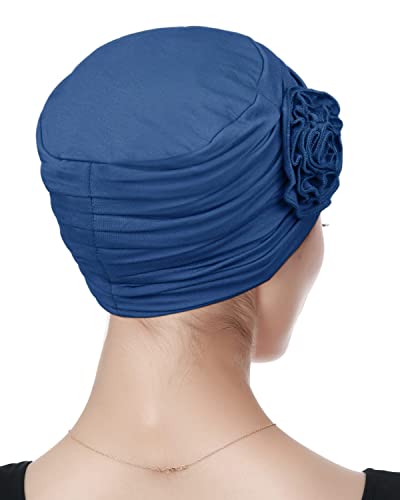 Alnorm Flower Design Chemo Hair Loss Caps Cancer Headwear for Women - color: Blue