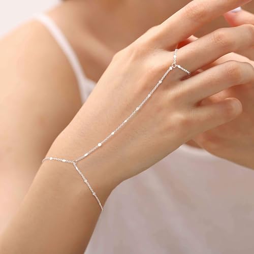 Tewiky Hand Chain Bracelet Ring, 14K Gold Plated/Silver Finger Ring Bracelet, Zircon Sequins Satellite Chain for Women, Trendy Non-Tarnish Jewelry