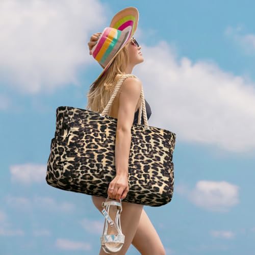 Becokan Beach Bag Large Beach Tote Bag for Women Waterproof Sandproof Swim Pool Bag With Zipper - color: Khaki Leopard