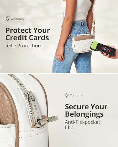 Vantamo Premium Quilted Crossbody Bags for Women with Anti-Pickpocket Clip, Vegan Leather Handbags, Travel Purses for Women - color: White & Stone With Jacquard Strap