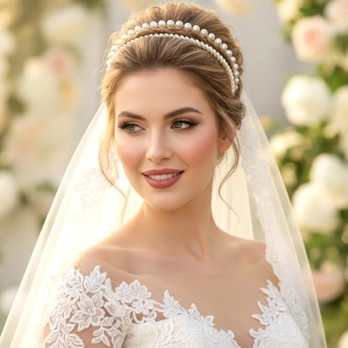 6 Pcs Pearl Headbands for Women, Thin Gold Metal Faux Pearl Hair Bands, Sparkly Rhinestone Crystal Beaded Hair Hoops, Elegant Bridal Wedding Hair Accessories for Girls - color: Pearl Rhinestone
