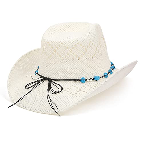 TOVOSO Western Cowgirl Hat, Straw Cowboy Hat for Women with Shapeable Brim, Beaded Hearts Trim, Shapeable Cowboy Hat - color: White Blue