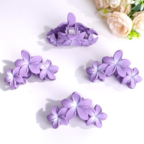 ANBALA Hair Clip, 4PCS Flower Design Plumeria Hair Clips, Large Non-Slip Strong Hold Claw Clips for Thick Hair, Beach Hair Accessories for Women Girls (Purple) - color: purple