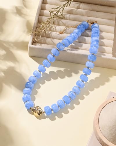Chunky Beaded Statement Necklace for Women Trendy Colorful Boho Resin Bead Choker Necklaces Summer Handmade Jewelry Gifts Accessories - color: Gold-blue 2
