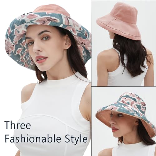 vidsel Womens Sun Hats Wide Brim Reversible Bucket Cotton Hat Packable Summer Travel Cap with Hat Clip,UV Protection - color: Pink, size: Medium