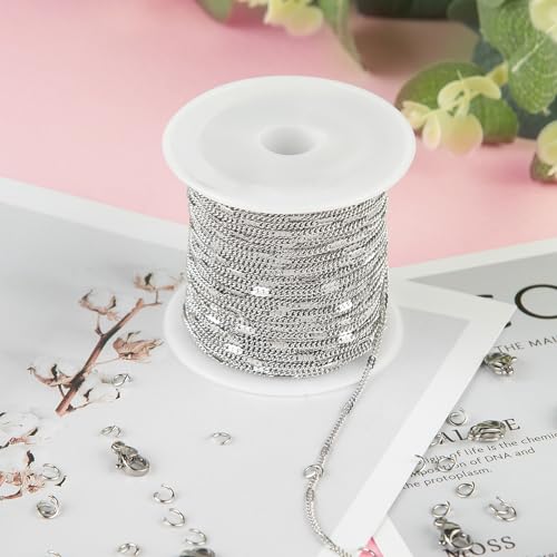 Kyutong 10M Stainless Steel Chain for Jewelry Making Thin Curb Silver Chains for Necklace Bracelet Making Supply Jewelry Findings - color: Flat Curb Silver