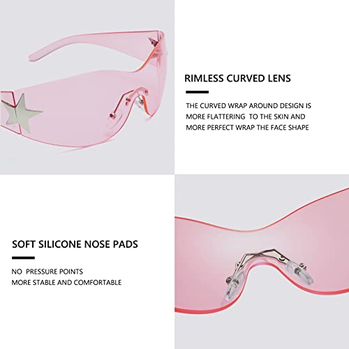 Rimless Y2K Sunglasses for Women Men Wrap Around Fashion Sunglasses Oversized Frameless Trendy Sun Glasses - color: Clear Pink Frame / Clear Pink Lens