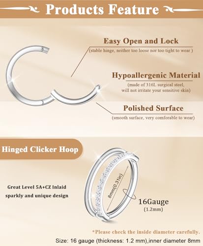 Small Cartilage Double/Triple-Hoop Helix Conch Piercing Earrings With Cubic Zirconia For Women Trendy 14K Gold Plated Titanium Surgical Stainless Steel Sets Nose Rings Hoops Septum Rings - color: Silver, style: B-4Pairs-16Gauge-Double CZ hoop