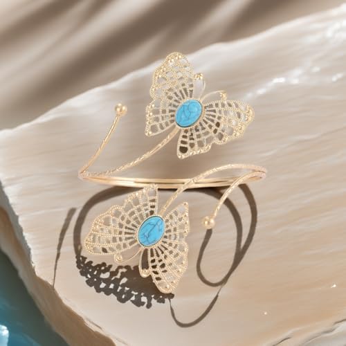 Gold Arm Cuff Bracelet Adjustable Upper Arm Cuff Bangle Butterfly Flower Bracelet Summer Beach Essentials Jewelry for Wome - style: turquoise+butterfly
