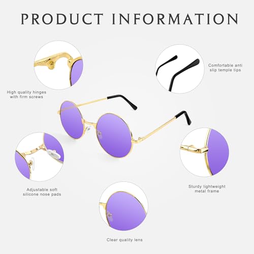 NACHLYNN Round Hippie Sunglasses Metal Border Circle Hippie Glasses UV380 Protection 70s Sunglasses for Men Women Party Favor - color: Purple