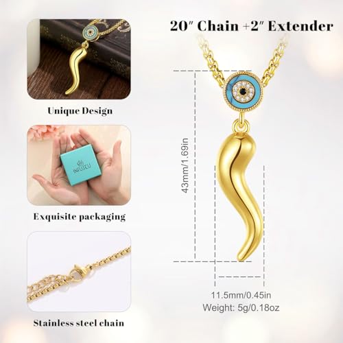 INFUSEU Italian Horn Necklace with Evil Eye for Women Protection Good Luck Gifts - color: Gold, style: Style A
