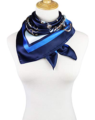 vabovin Satin Head Scarf for Women Silk Like Hair Scarf, 35 x 35 in | Silk Feel Fabric, Hair Wrap for Sleeping, Headscarf and Neck Scarf, Square Bandana Style, Fashion Accessory - color: 011 Blue Chain Print