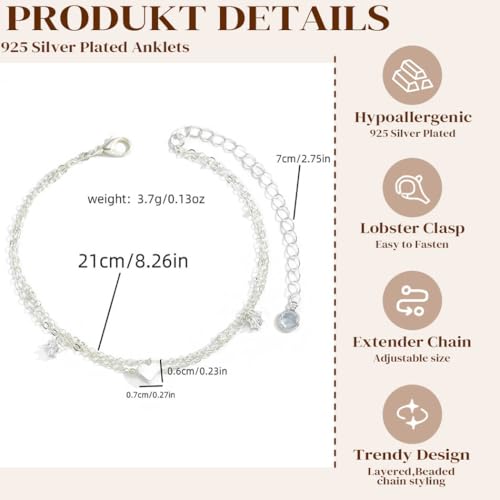 Yalice 925 Silver Ankle Bracelets Chain for Women Dainty 14K Gold Plated Waterproof Beads Anklets Layered Beach Foot Jewelry Gift - color: Silver-HeartB