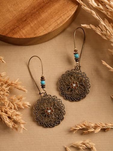MINACHI Boho Antique Gold Tone Floral Mandala Drop Earrings with Turquoise Beads, Vintage Hippie Tribal Festival Western Jewelry Gift for Women