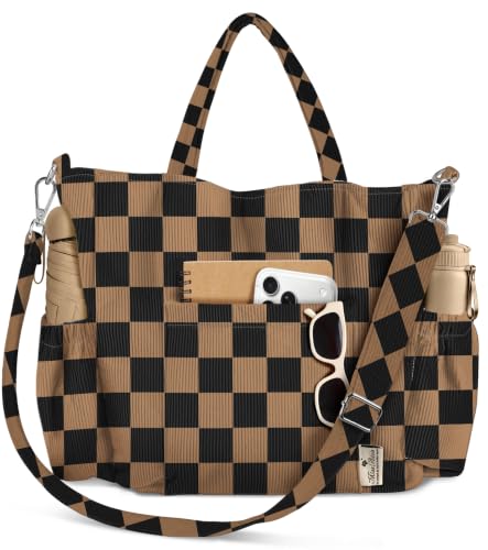 Miss Adola Crossbody Corduroy Tote Bag for Women, Large Tote Bag with Multi-Pockets and Zipper for Travel Work - color: Brown and Black Checkerboard