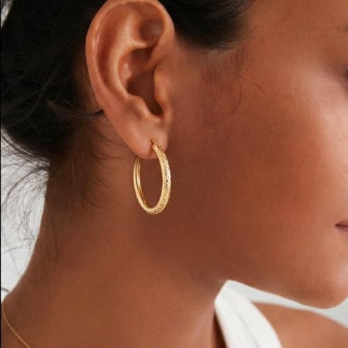 Gold Hoop Earrings 14K Gold Earrings for Women 14K Gold Hoop Earring for Women Leaf-Inspired Engraved Texture Hoops Earring for Womens Hoops 25/30MM - size: 30MM