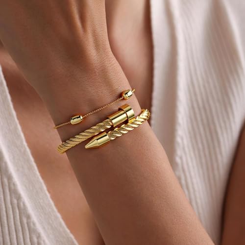 2PCS 18K Gold Plated Nail Bangle & Chain Bracelet Set for Women, Adjustable Stackable Bangle Jewelry, Dainty Gold Bracelet Gift for Women - color: Set E