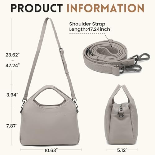 KOGTLA Medium Genuine Leather Purses for Women with Detachable Satchel Strap, Ladies Soft Handbags, Tote Hobo Bags - color: Beige White