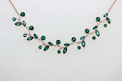 Faship Gorgeous Rhinestone Crystal Floral Necklace Earrings Set - color: Green / Rose gold plated