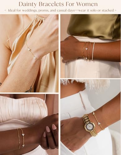 Dainty Silver Gold Bracelets for Women Trendy Non Tarnish 14K Gold Plated Cute Clover Bracelet Stackable Daisy Cubic Zirconia Diamond Charm Bracelet Stack Waterproof Jewelry Gifts - color: E- 3CZ Bracelet- Gold