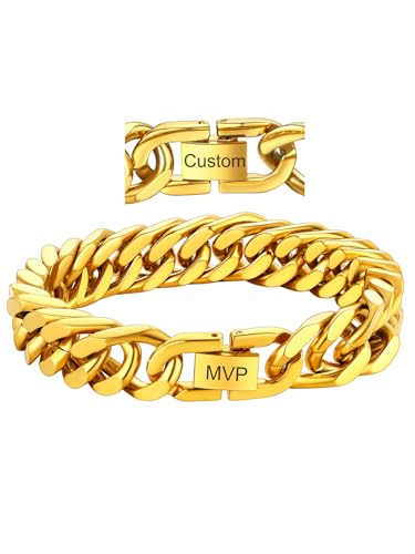 ChainsHouse Stainless Steel Cuban Link Bracelet, 8mm/12mm/17mm Width, 7.5"/8.3"/9", 18K Gold Plated Chain Wrist Bracelets for Men Women, Send Gift Box - color: W: Gold-12mm width-custom