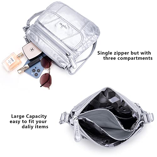 Angelkiss Small Womens Crossbody Bag Leather Shoulder Purse for Women Hobo Bag with Adjustable Shoulder Strap - color: Silver