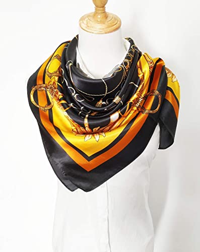 vabovin Satin Head Scarf for Women Silk Like Hair Scarf, 35 x 35 in | Silk Feel Fabric, Hair Wrap for Sleeping, Headscarf and Neck Scarf, Square Bandana Style, Fashion Accessory - color: 014 Black Golden Chain Print