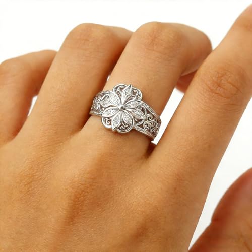 925 Sterling Silver Floral Filigree Ring for Women 14K Gold/Silver Plated,Vintage Classic Flower Statement Ring Jewelry Gifts for Her,Dainty Promise Ring for Anniversary Wedding Engagement Daily Size:6-10 - color: Silver