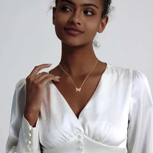 OGD Gold Necklace for Women, Bow Necklace 14K Layered Gold Necklace Dainty Bow Pendant Choker Necklace Trendy Bow Necklace Gold Chain Necklaces for Women Jewelry Gift - color: Pearl CZ Bow-Gold